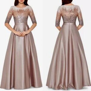 Betsy & Adam Mocha Sequin & Satin Ballgown
